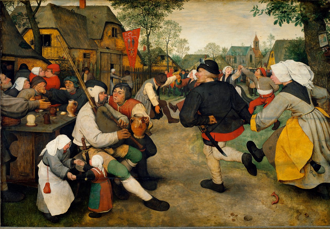 Bondedans En mann spiller sekkepipe sammen med en alkoholiker. Bak dem med flagget er et bordell mens landsbyboerne danser og har det gøy. Maleri av Pieter Bruegel kalt den eldste (eller Pierre Breugel eller Peter Brueghel eller Breughel av Pieter Bruegel the Elder