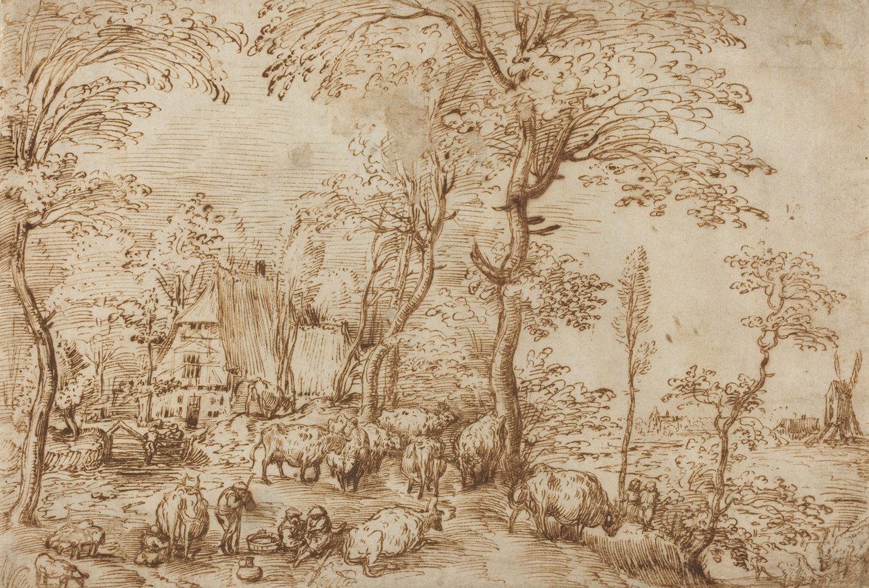 Bønder og storfe nær et gårdshus, ca. 1553-54 (penn og brunt blekk på papir) av Pieter Bruegel the Elder
