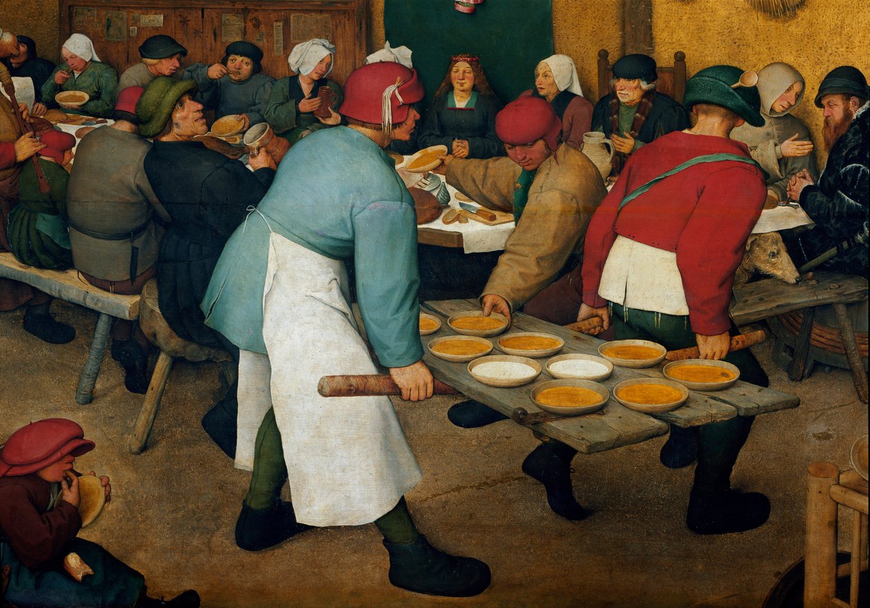 Bryllupsreisen detalj. Tallerkener på et brett. Maleri av Pieter Bruegel (eller Bruegel eller Brueghel eller Brueghel) sa førstnevnte (1525-1569) av Pieter Bruegel the Elder