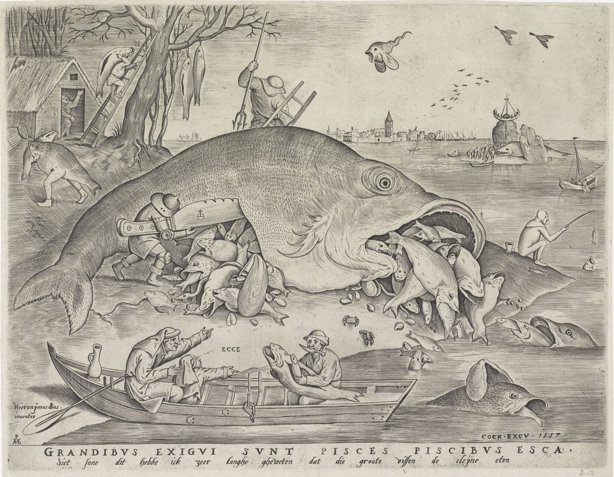 Store fisker spiser den små fisken, gravert av Pieter van der Heyden, 1557 av Pieter The Elder after Brueghel