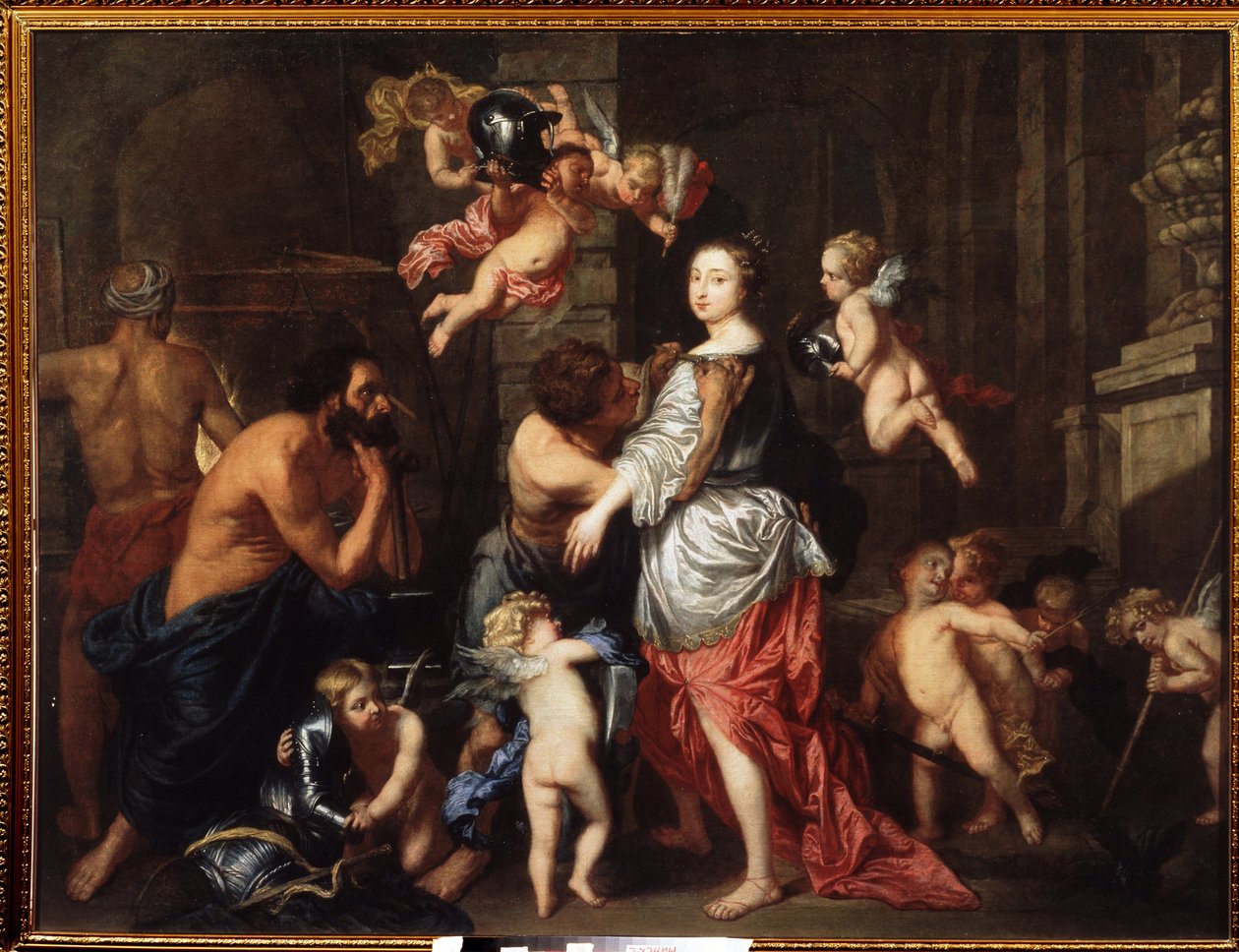 Venus (Aphrodites) besøk til Vulcan (Hephaistos) (Venus besøk til Vulcan). Maleri av Pieter Thies (1624-1677 eller 1679). Olje på lerret av Pieter Thies
