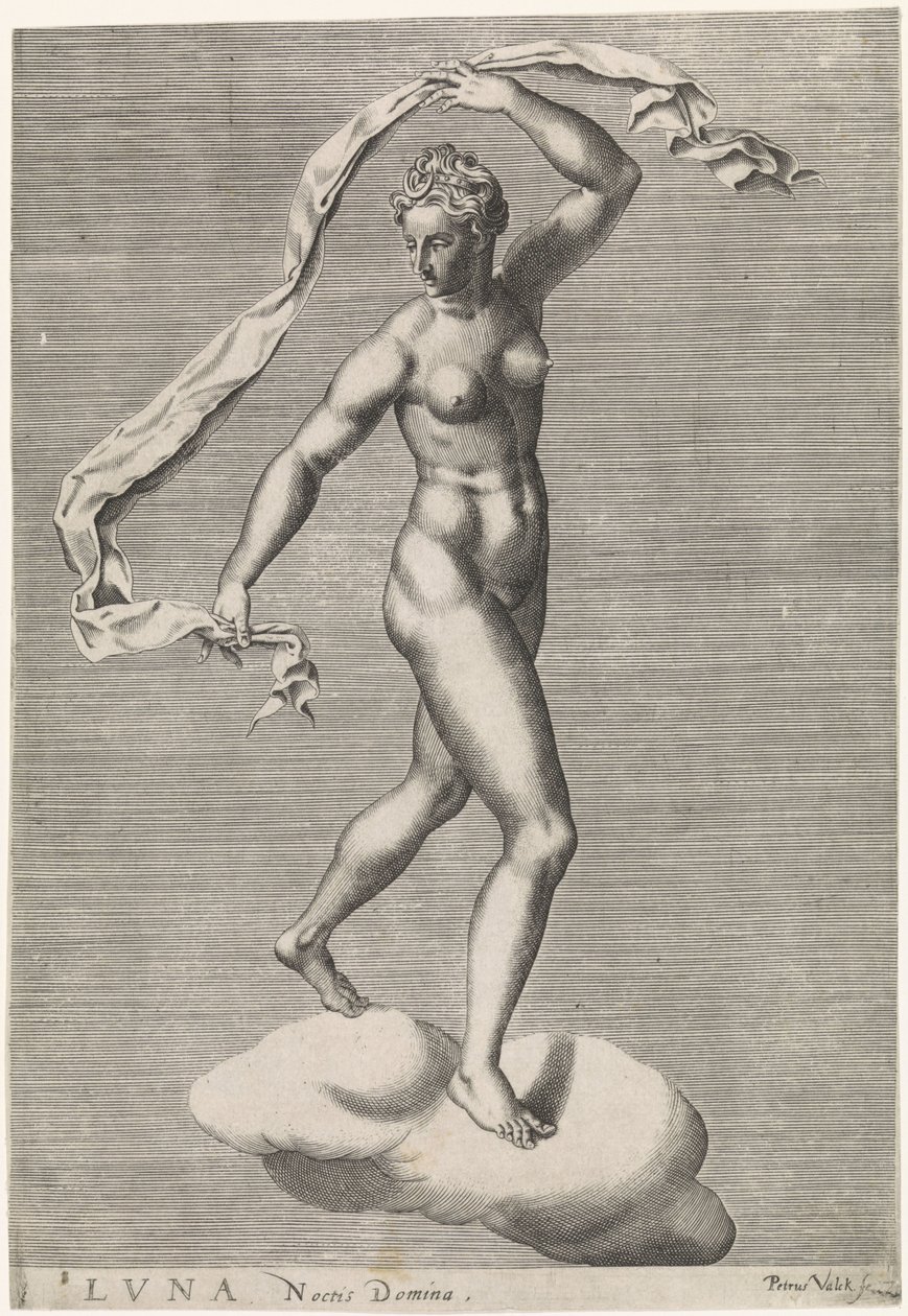 Diana som Luna på en sky Luna Noctis Domina (tittel på objekt) De syv planetene (tittel på objekt) av Pieter Valck