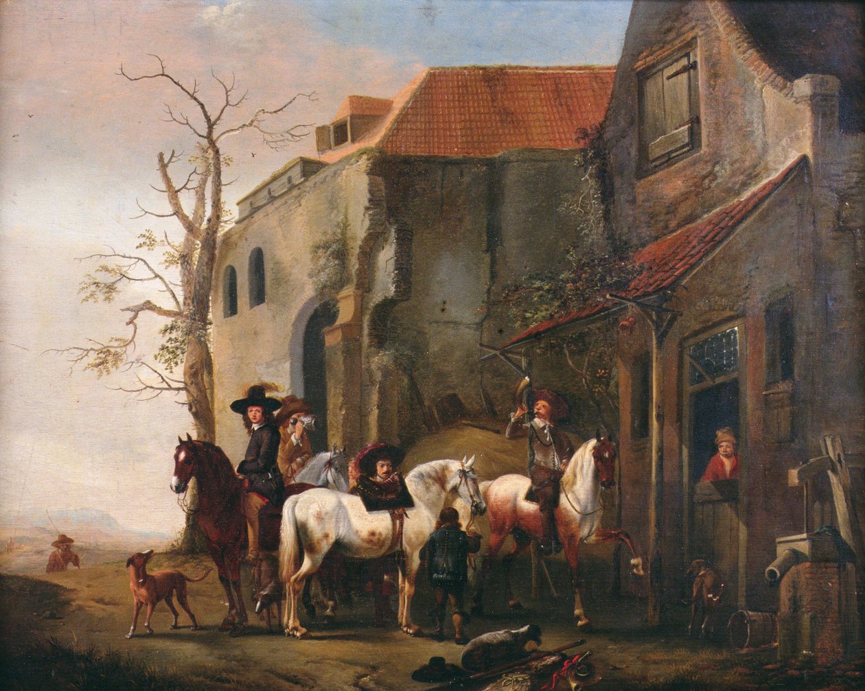 Ryttere og hester ved døren til et vertshus av Pieter Wouwermans or Wouwerman