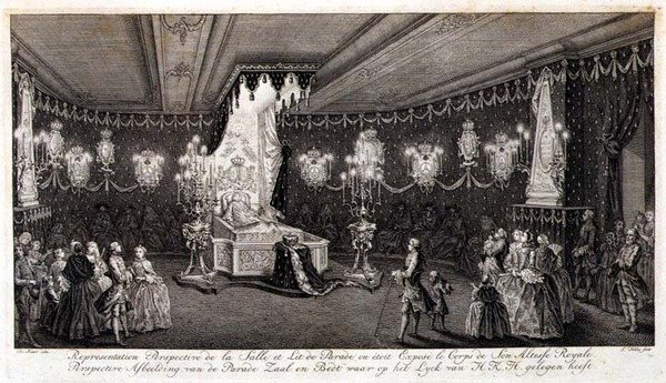Kroppen til Anne, den kongelige prinsesse som ligger i staten (gravering) av Pieter de (after) Swart
