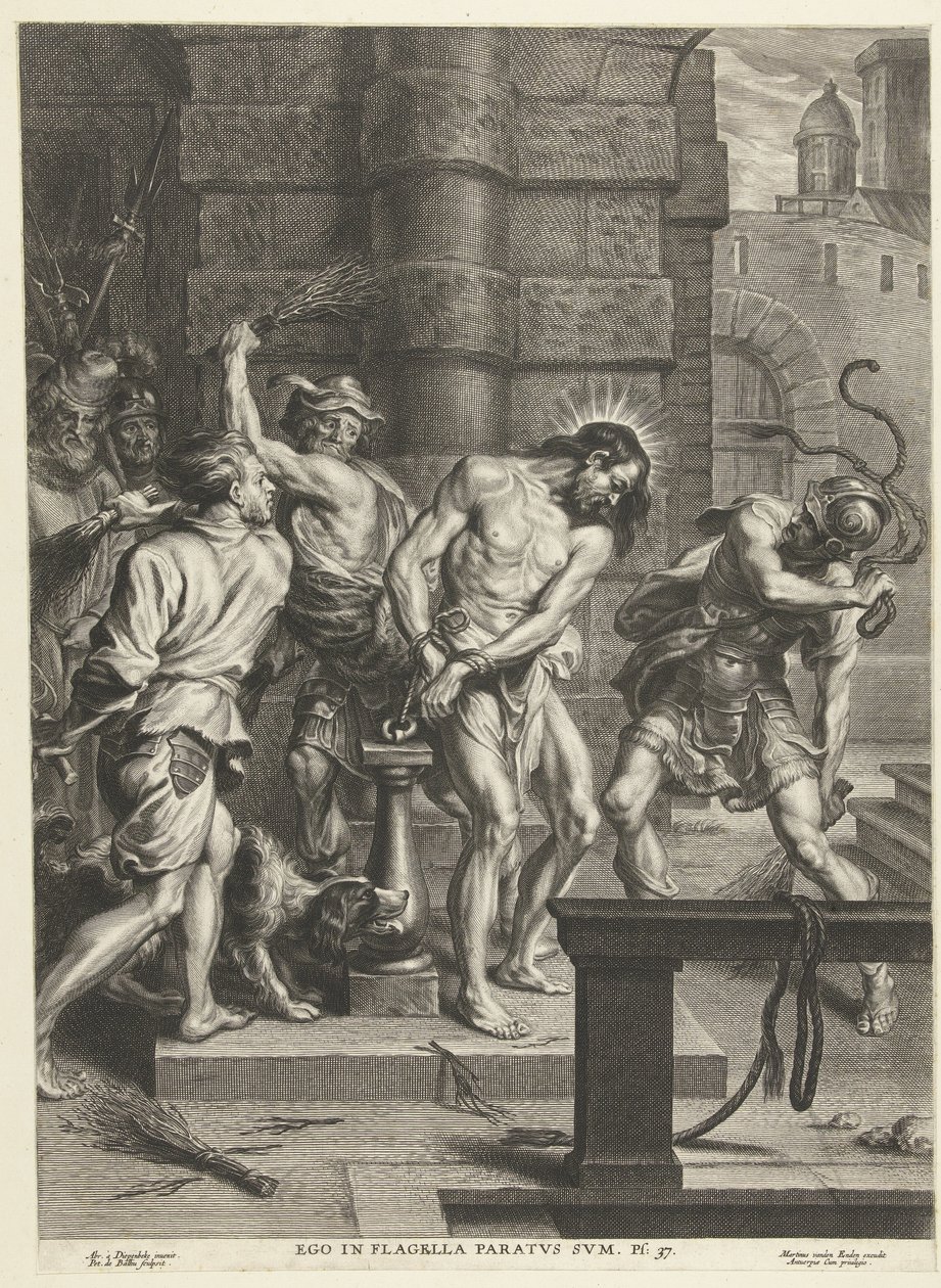 Flagelering av Kristus av soldater Ego in flagella paratus sum (tittel på objekt) av Pieter de Bailliu (I)