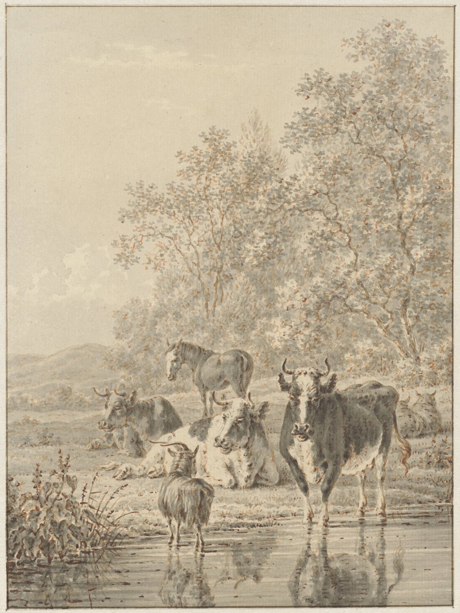 Landskap med husdyr ved vannet av Pieter de Goeje