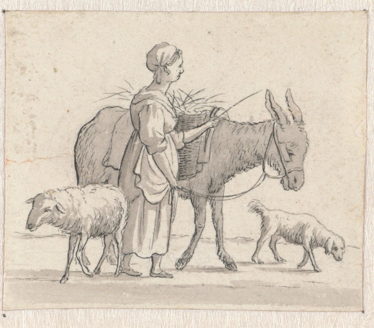 Kvinne med esel, sau og hund av Pieter de Goeje