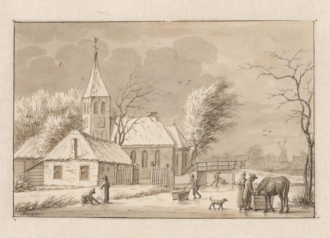Vinterlandskap ved en kirke av Pieter de Goeje