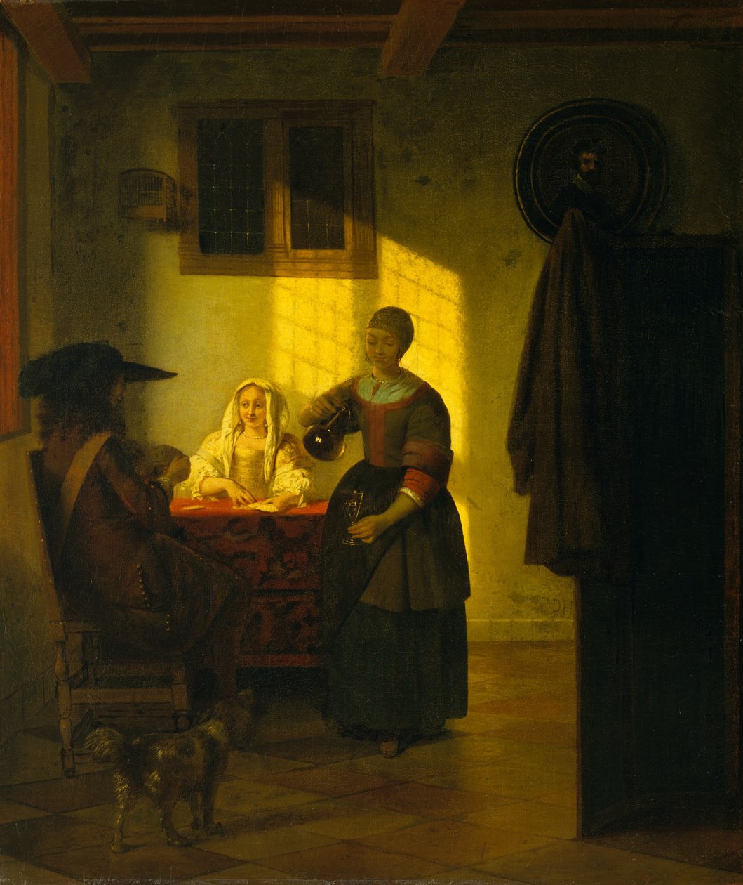 Et par spillekort, med en tjenende kvinne, ca. 1665-75. av Pieter de Hooch