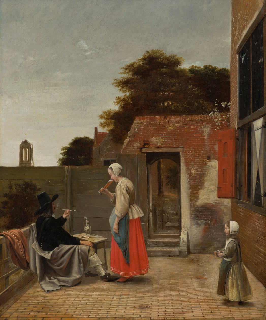 En mann som røyker og en kvinne som drikker på en gårdsplass, ca. 1658-60 av Pieter de Hooch