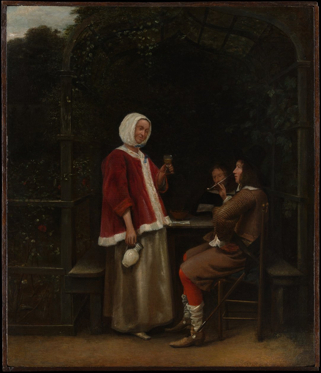 En kvinne og to menn i en løvhytte av Pieter de Hooch