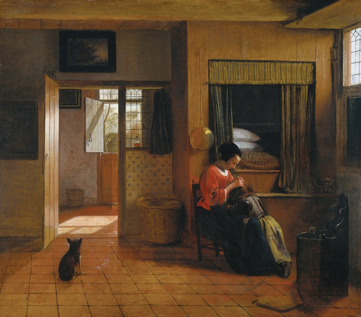 Innvendig rom med en mor som renser barnets hår, kjent som "Mors jobb" av Pieter de Hooch