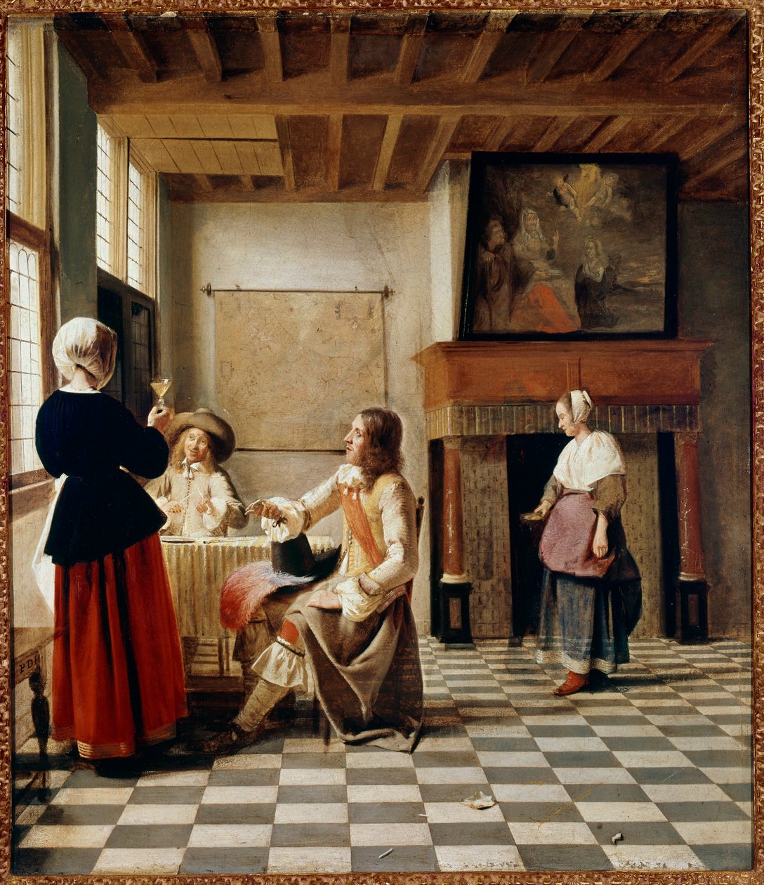 nederlandsk interiør. En kvinne drikker med to tilrettelagte menn (olje på lerret, ca. 1658) av Pieter de Hooch