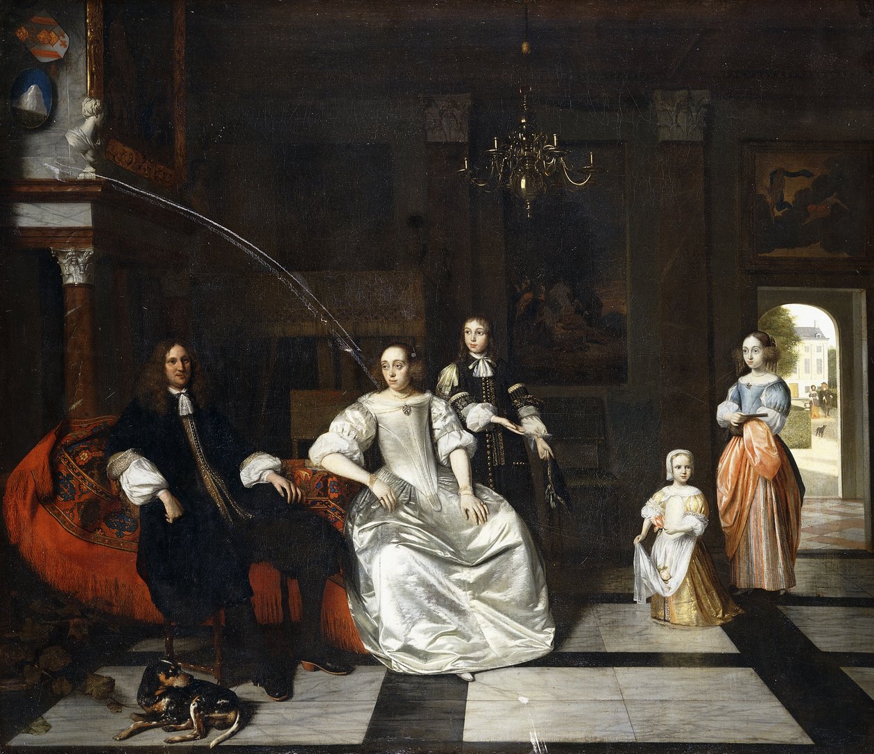 Gruppeportrett av Jacott-Hoppesack-familien med en hund i et overdådig klassisk interiør, en dame og en herre som rusler i en park gjennom en døråpning bortenfor, av Pieter de Hooch