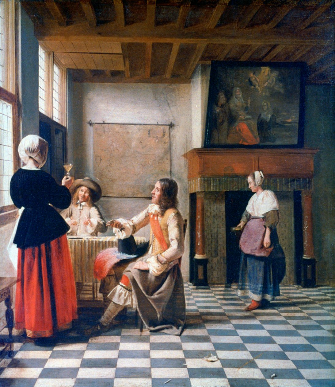 Interiør, kvinne som drikker med to menn og en tjenestepike, c1658 av Pieter de Hooch