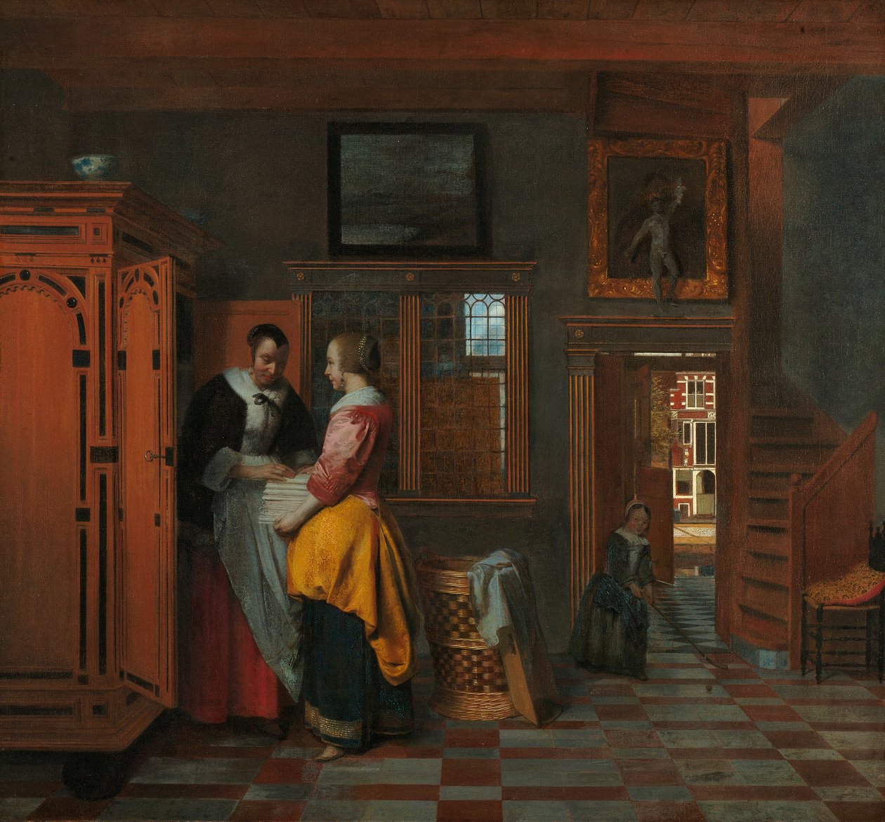 Interiør med kvinner ved siden av et linskap av Pieter de Hooch