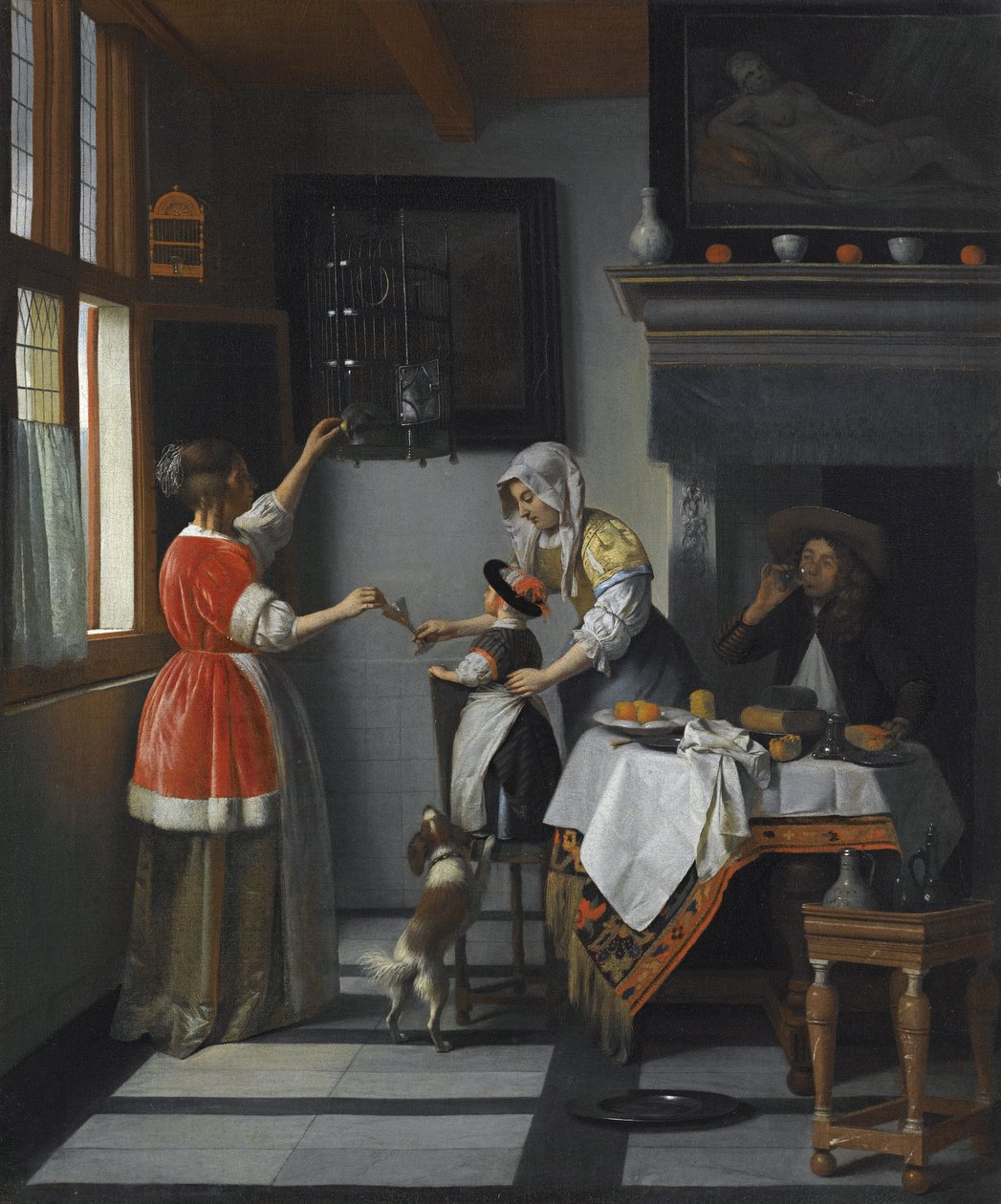 Interiør med et barn som mater en papegøye par Hooch, Pieter, de av Pieter de Hooch