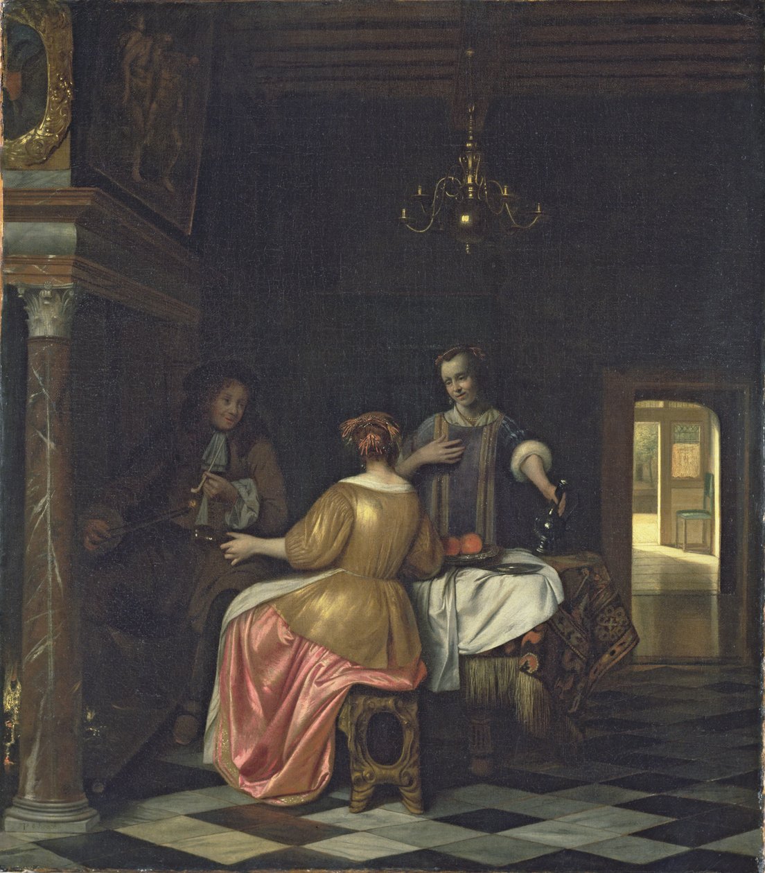 Interiør med en Gentleman and Two Ladies Conversing, ca. 1668-70 (olje på lerret) av Pieter de Hooch
