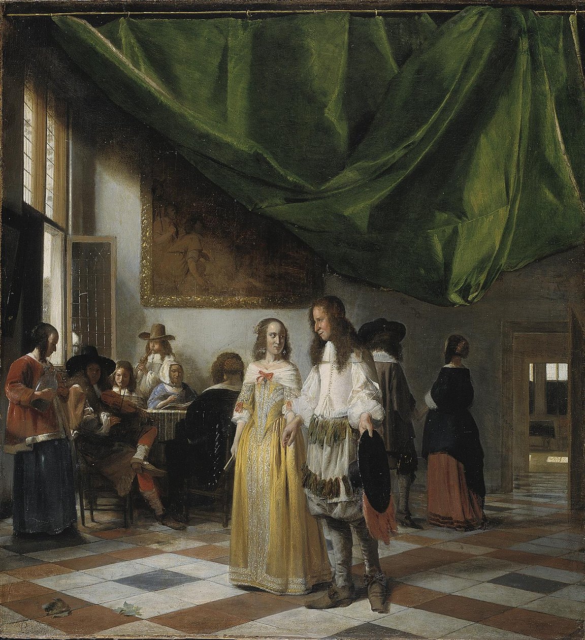 Interiør med et ungt par og folk som lager musikk av Pieter de Hooch