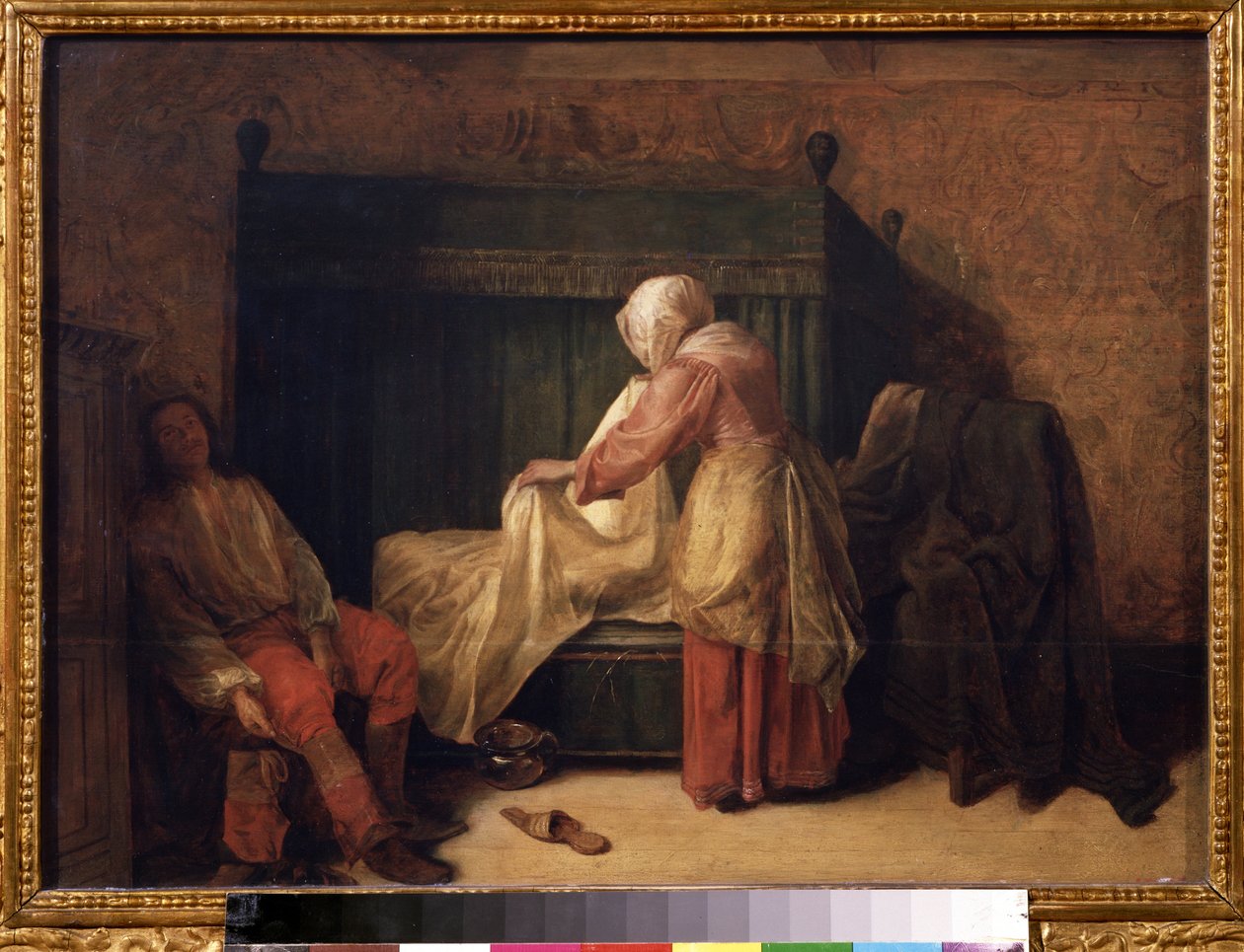 ""The Morning of a Young Man"" (The Morning of a Young Man) En ung mann som forbereder seg på å våkne mens en hushjelp gjør om sengen. På gulvet en tøffel og en kammergryte. Maleri av Pieter de Hooch (1629-1684) 1655-1657 Pushkin-museet, Moskva av Pieter de Hooch