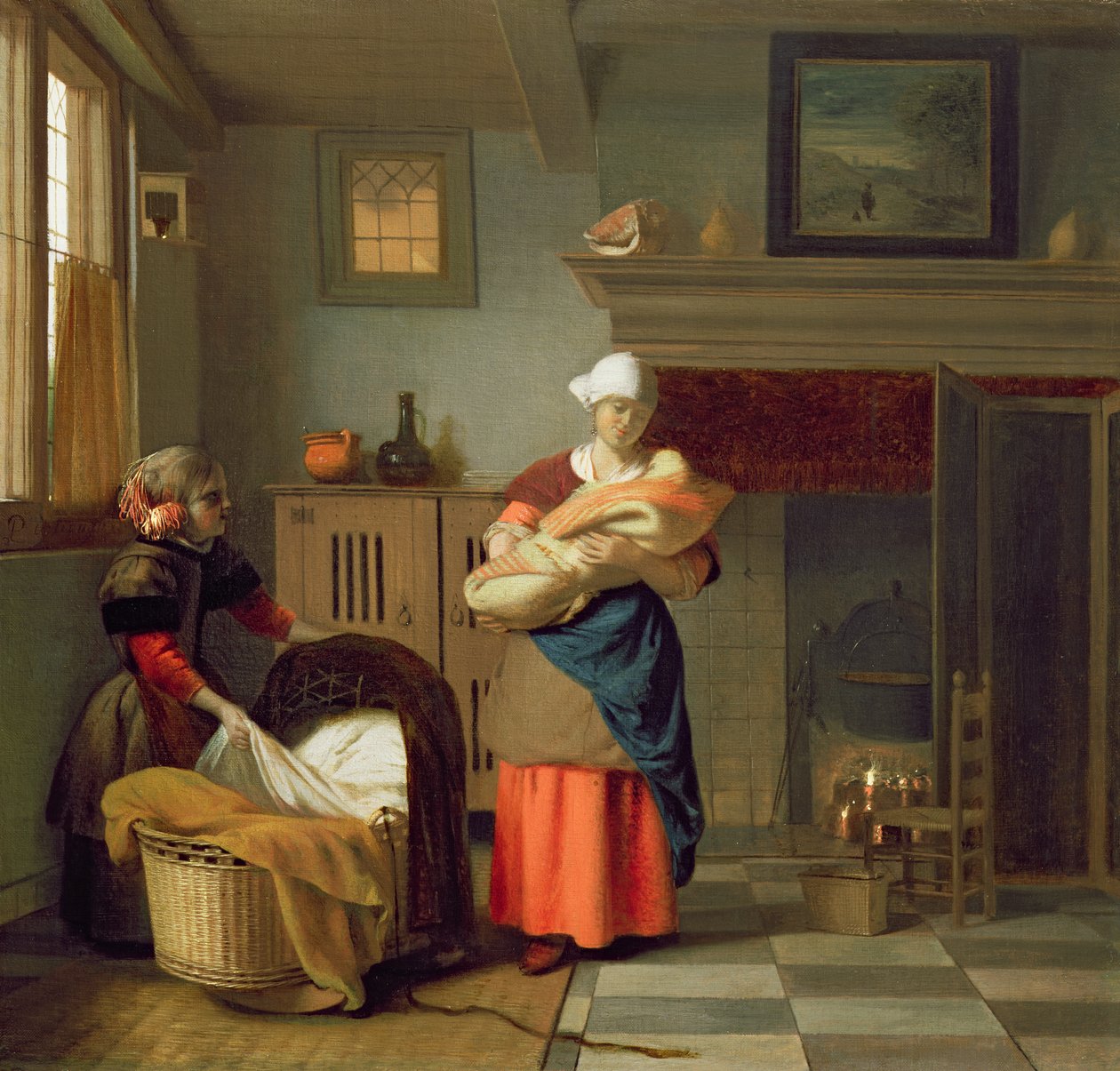 Barnepike med baby i et interiør og en ung jente som forbereder vuggen av Pieter de Hooch