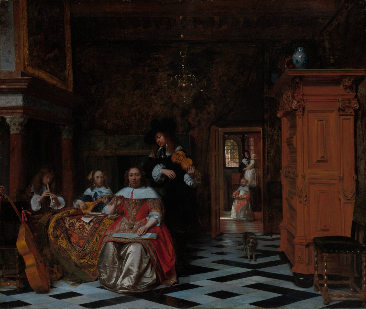 Portrett av en familie som spiller musikk av Pieter de Hooch