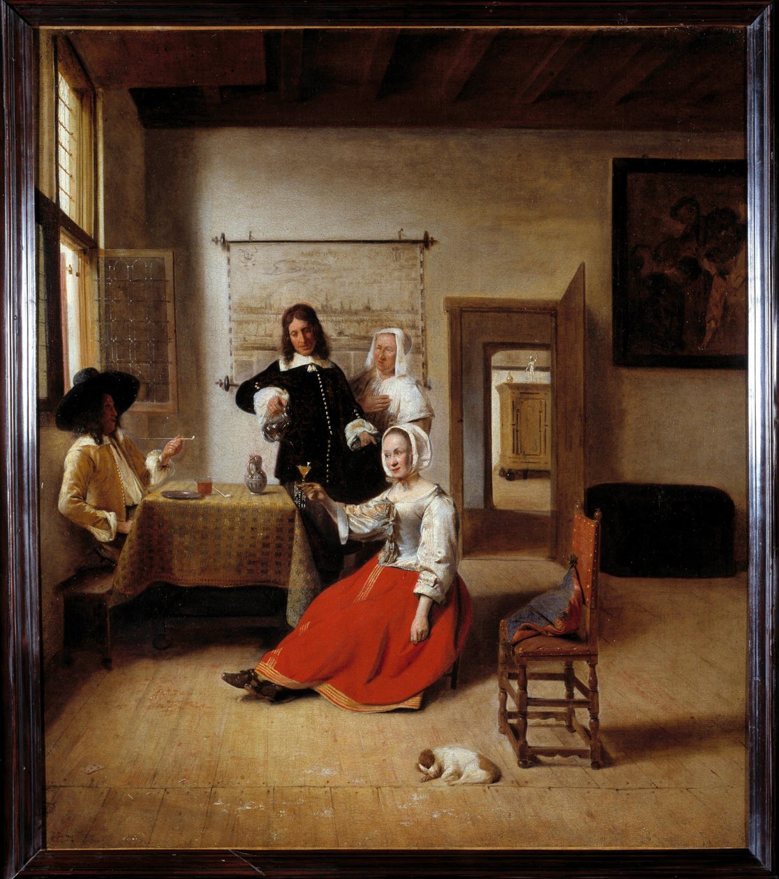 Drikkeren En alkoholisert kvinne i et flamsk hus omgitt av andre drikkere. Maleri av Pieter de Hooch (1629-1684) 1658 Søn. 0,69x0,6 m - Kvinne drikker med soldater. Interiør i et flamsk hus. Maleri av Pieter de Hooch (1629-1684) av Pieter de Hooch