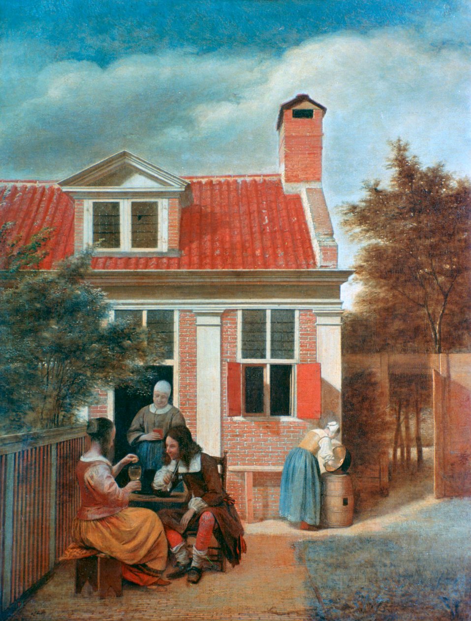 Tre kvinner og en mann i en gårdsplass bak et hus, c1657-1659 av Pieter de Hooch