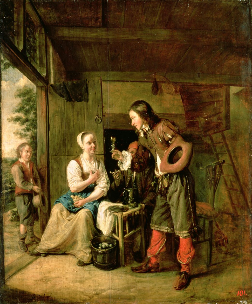 Kriger og tjener, 1653 av Pieter de Hooch