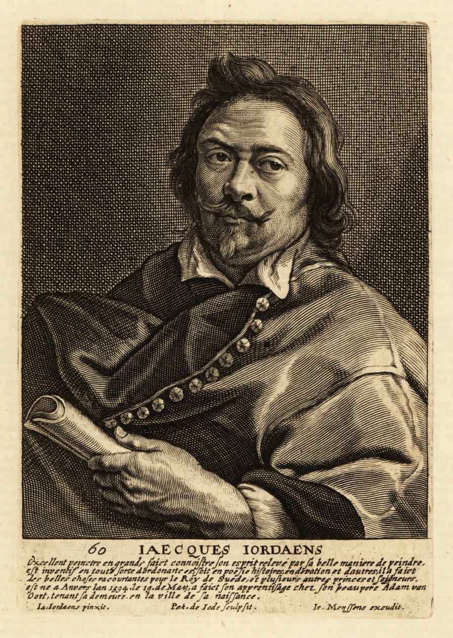 Portrett av Jacques Jordaens, flamsk maler, tegner og billedvevdesigner kjent for sine historiemalerier, sjangerscener og portretter av Pieter de II Jode