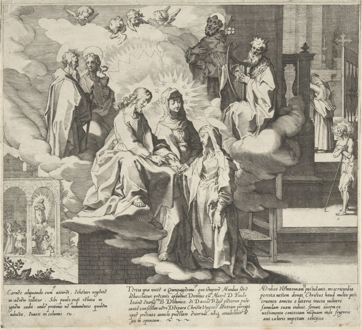 Catherine dukker opp / Catherines bryllup / Catherine deler kappen sin Scener fra Life and Miracles of Saint Catherine of Siena (serietittel) Vita mors gesta, et miracula quaedam selecta B. CATHERINAE SENENSIS (...) (serietittel) av Pieter de Jode (I)