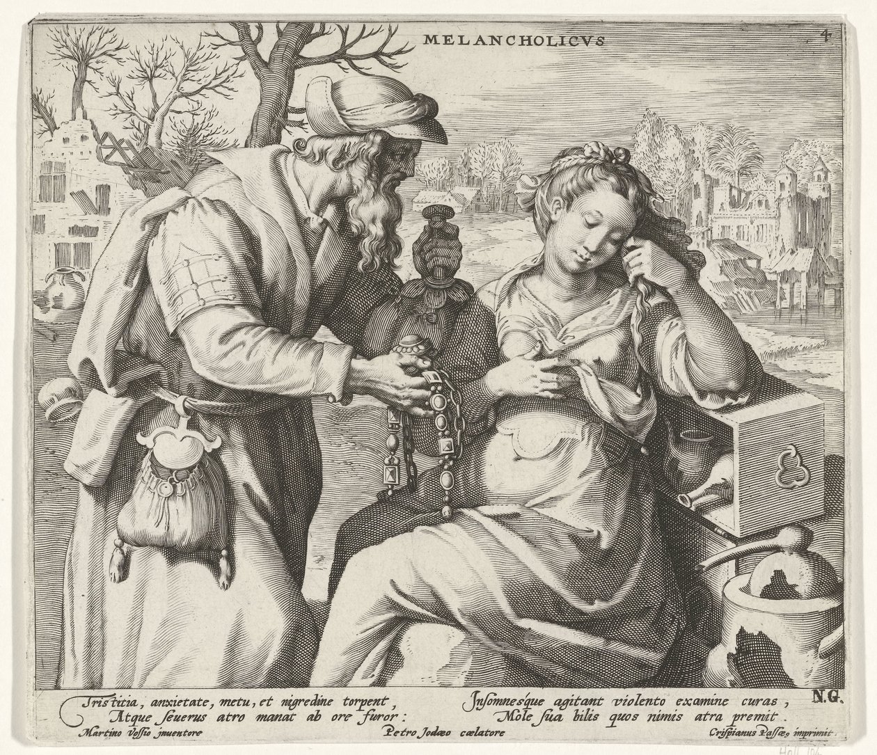 Det melankolske temperamentet Melancholicvs (tittel på objekt) De fire temperamentene (serietittel) av Pieter de Jode (I)