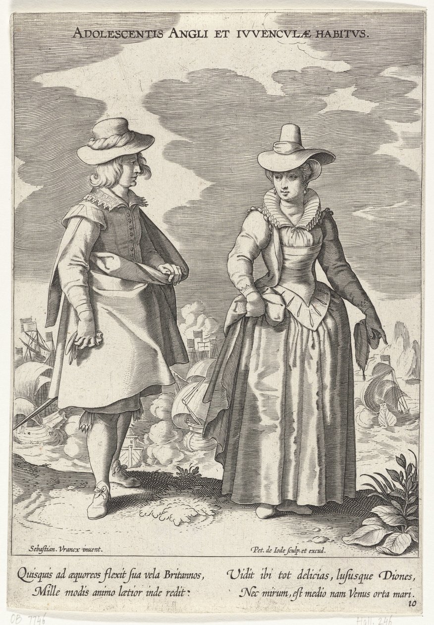 Paar, kledd i henhold til engelsk modus, ca. 1610 Ungdoms engelske og engelske vaner (tittel på objekt) Kostuums uit verschiedelden landen (serietittel) Ornaments of Various Nations (serietittel) av Pieter de Jode (I)