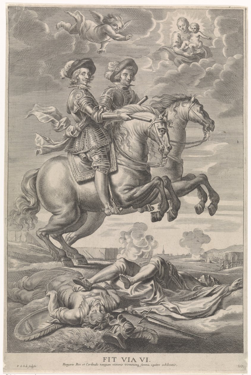 Ferdinand av Østerrike med Ferdinand, konge av Böhmen og Ungarn, på hesteryggen ved seieren ved Nördlingen Gledelig inntreden av kardinal-barnet i Gent, 1635 (serietittel) av Pieter de Jode (II)