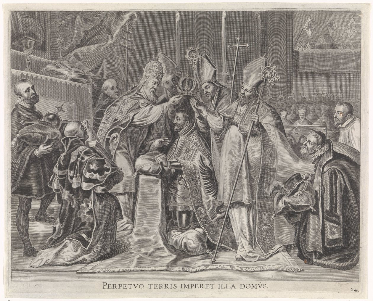 Charles V kronet til keiser av Paven Joyful Entry of the Cardinal-Infant i Gent, 1635 (serietittel) av Pieter de Jode (II)