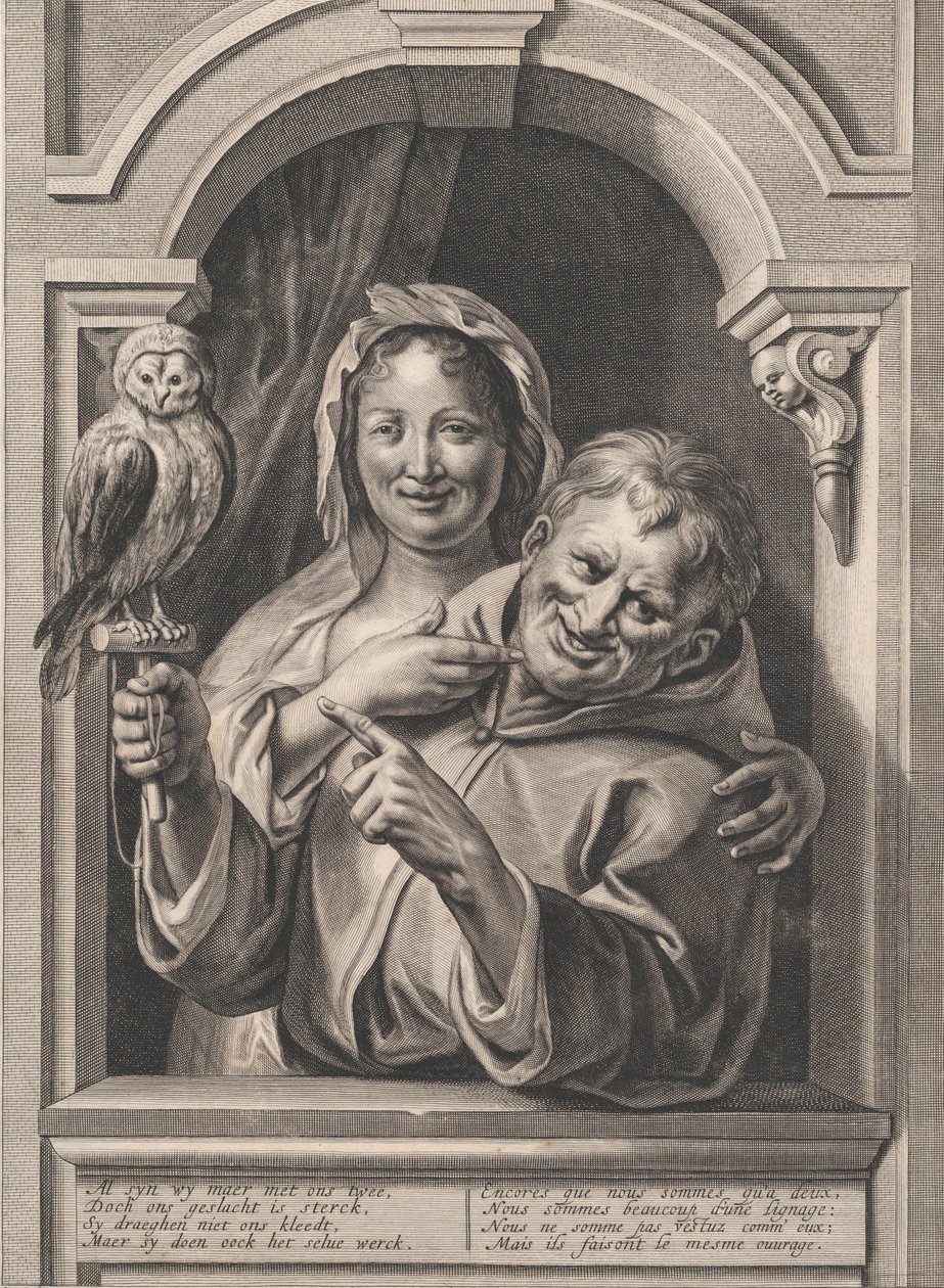 En dåre med en ugle og en kvinne ved et vindu, 1600-tallet. av Pieter de Jode II