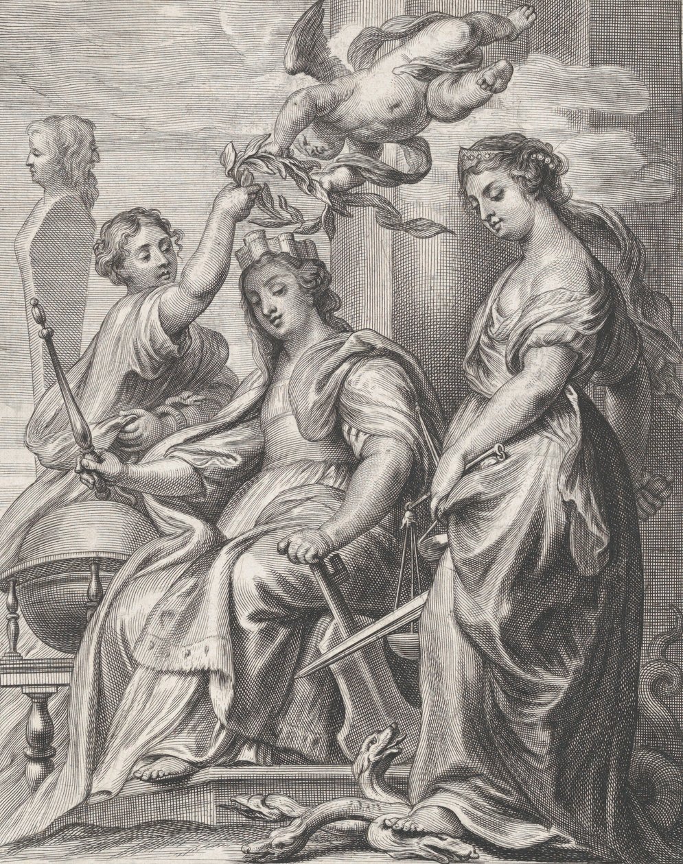 Allegory of Good Government, sittende i midten og kronet av en putto og en wo..., ca. 1640-74. av Pieter de Jode II