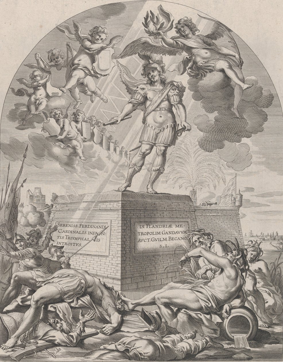 Plate 1: Ferdinand som Mars, stående på en sokkel, fra William Becanus 