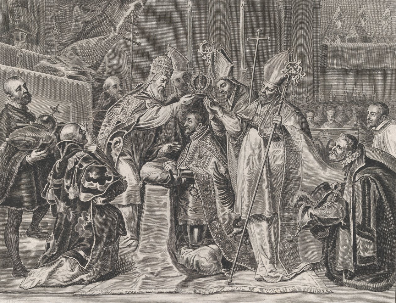 Plate 24: Charles V kronet til keiser av paven, fra William Becanus 'Serenissimi P..., 1636. av Pieter de Jode II