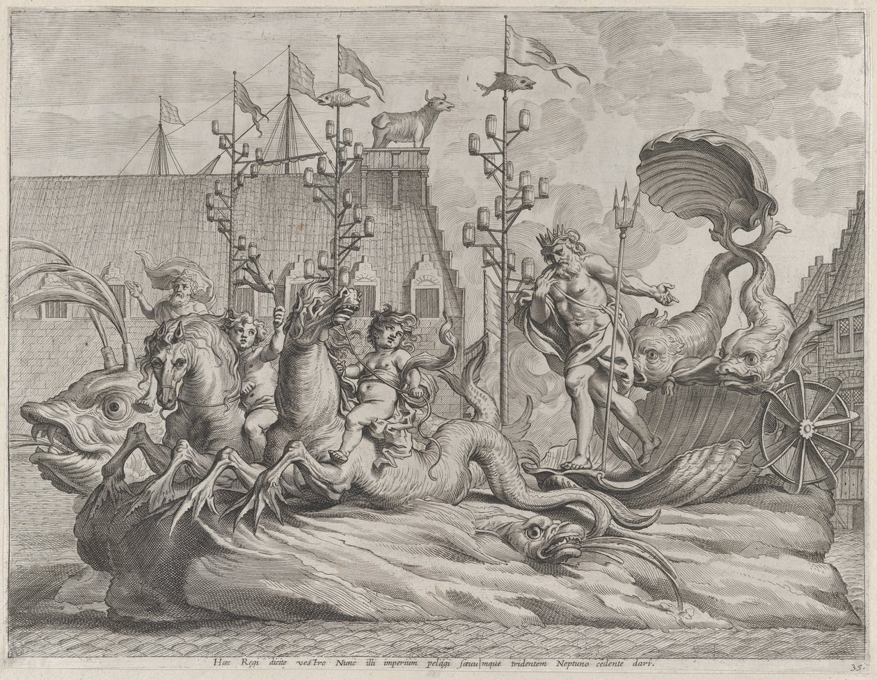 Plate 35: Filip av Spania som Neptun, rir i en vogn trukket av to sjøhester, fra Gu..., 1636. av Pieter de Jode II