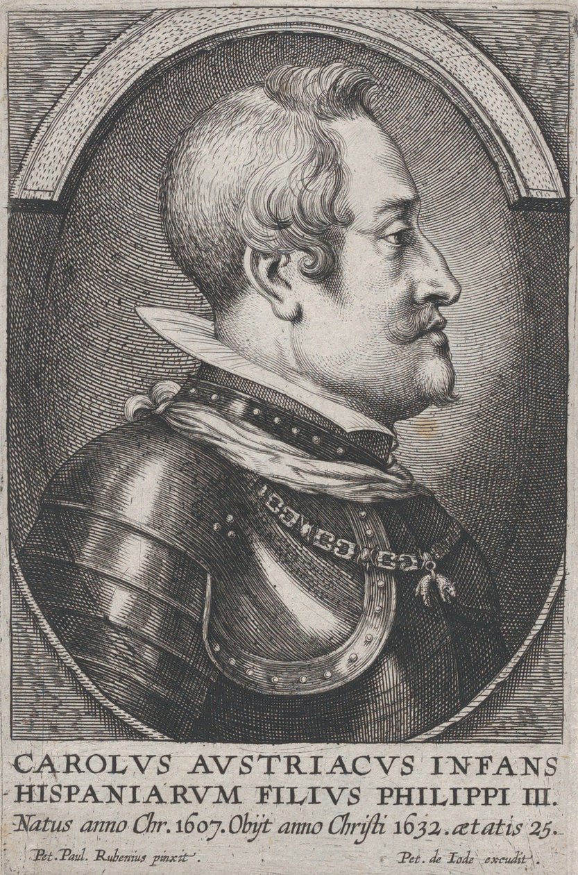 Portrait of Charles of Austria, Infante of Spain, in profile to the right, ca. 1650.    1158090   no       norwegian Successfully Translated  Original: P (letter shown by a hunting horn player) Translat: P (letter shown by a hunting horn player) 1406026 no av Pieter de Jode II