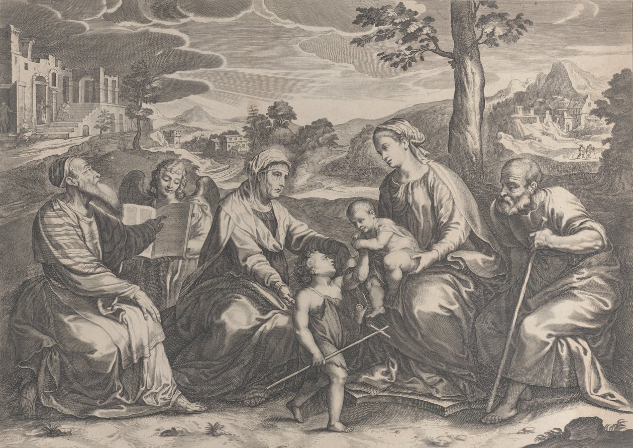 Den hellige familie til høyre, med spedbarnet Saint John the Baptist, Elizabeth, Zacharias,..., 1631-37. av Pieter de Jode II