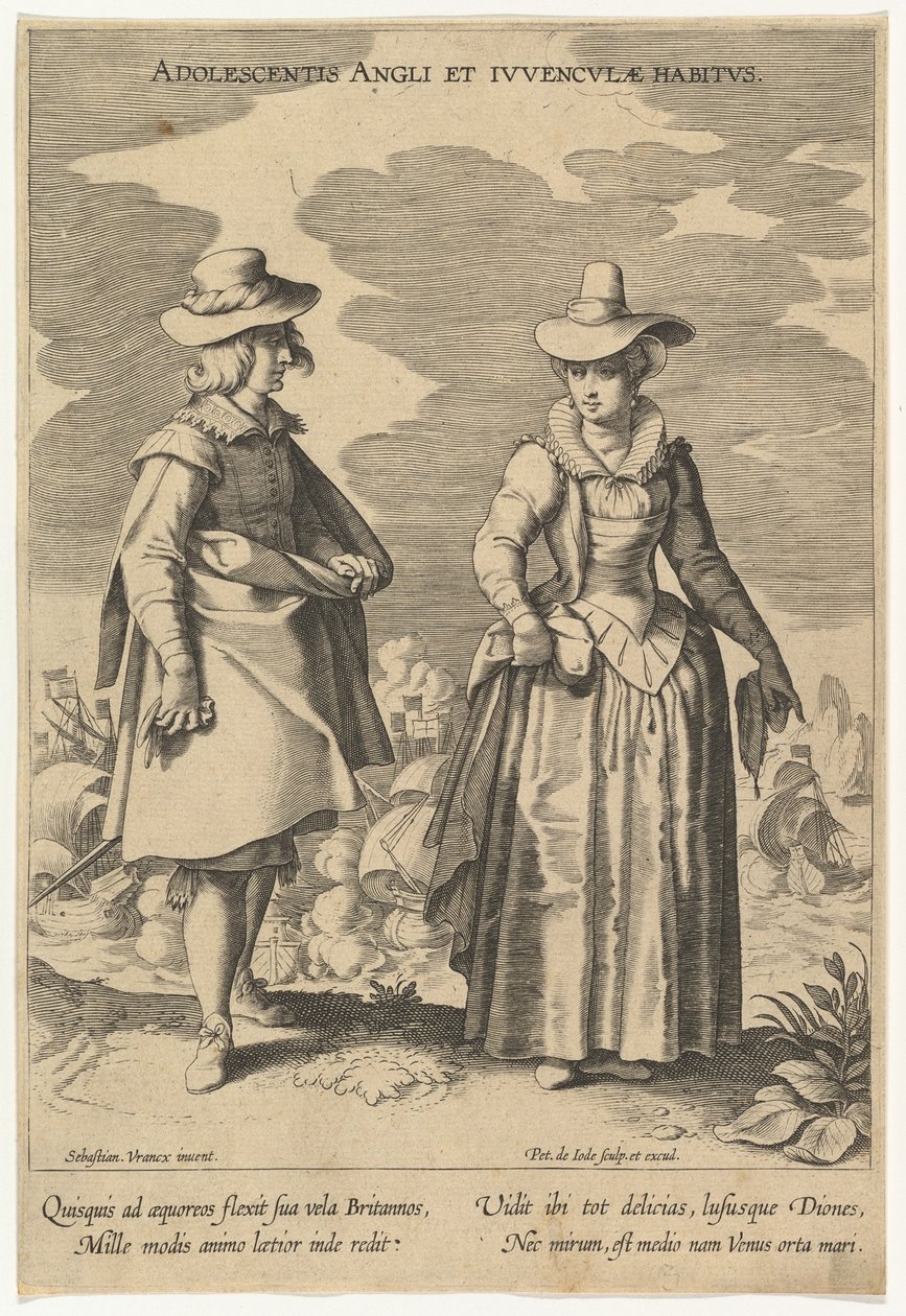 Ungdoms engelsk og unge kvinners holdninger, fra Fashions of Different Nations.n.d. av Pieter de Jode I