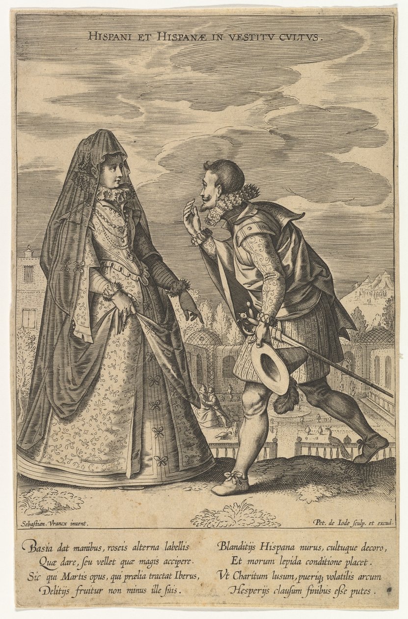 Spanjoler og spanjoler i kjoledyrkelse, fra Fashions of Different Nations.n.d. av Pieter de Jode I