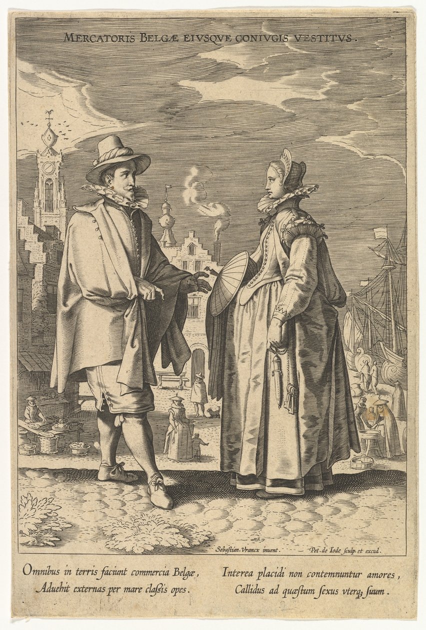 Belgisk kjøpmann og hans ektefelles kjole, fra Fashions of Different Nations.n.d. av Pieter de Jode I