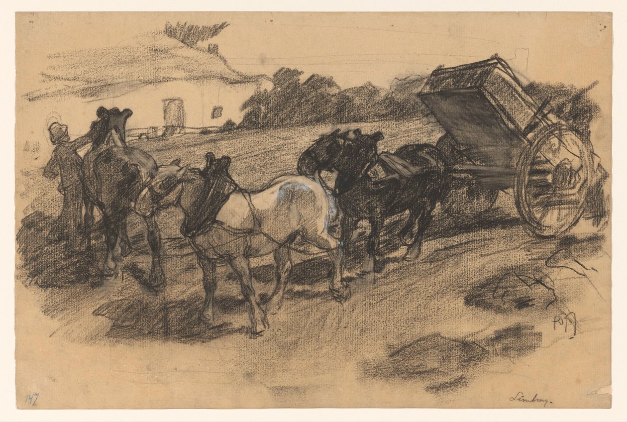 hodelag av tre hester for en vogn på et skrånende jordbruksland i Limburg av Pieter de Josselin