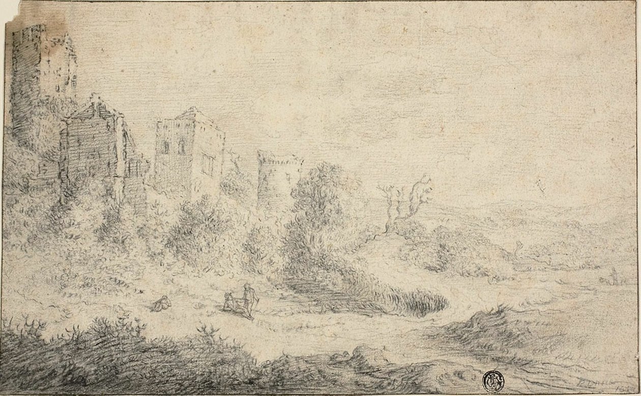 Landskap med ødelagt slott og tre figurer av Pieter de Molijn