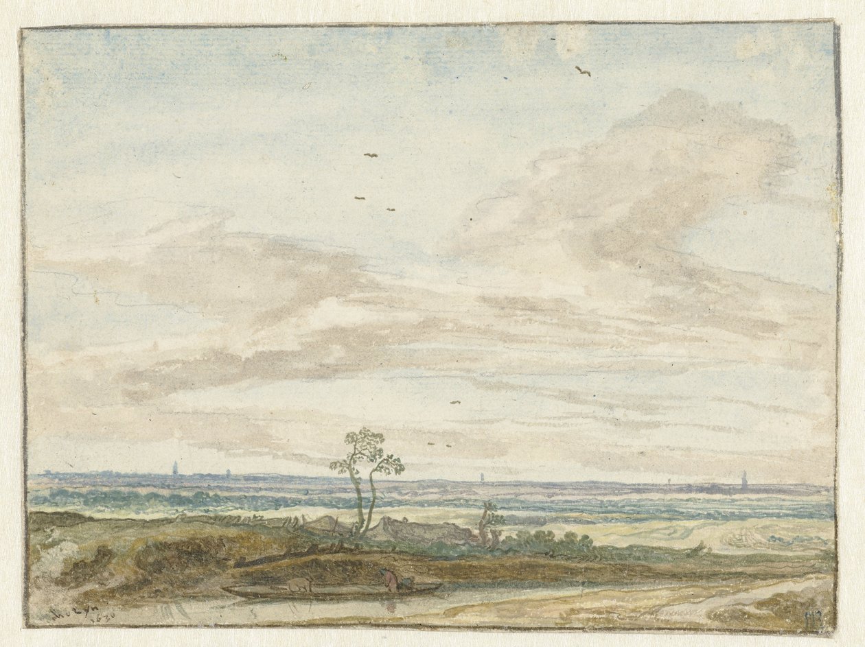 Vidt landskap med vei langs en kanal av Pieter de Molijn