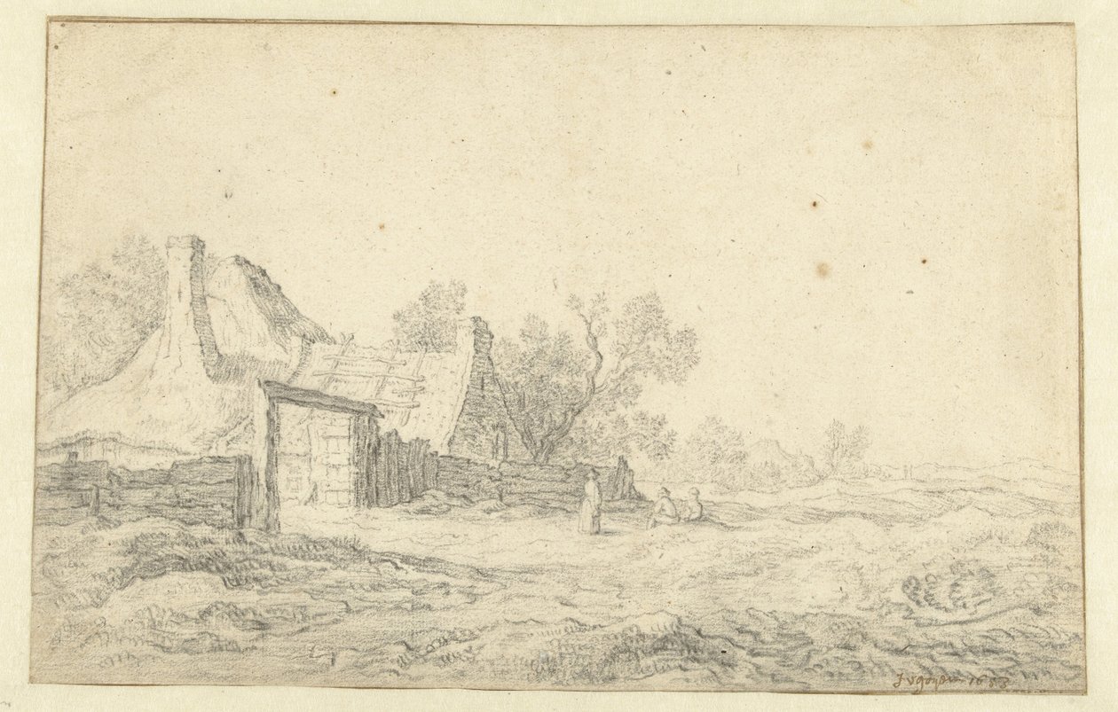 Klitlandskap med tre figurer foran en gård av Pieter de Neyn