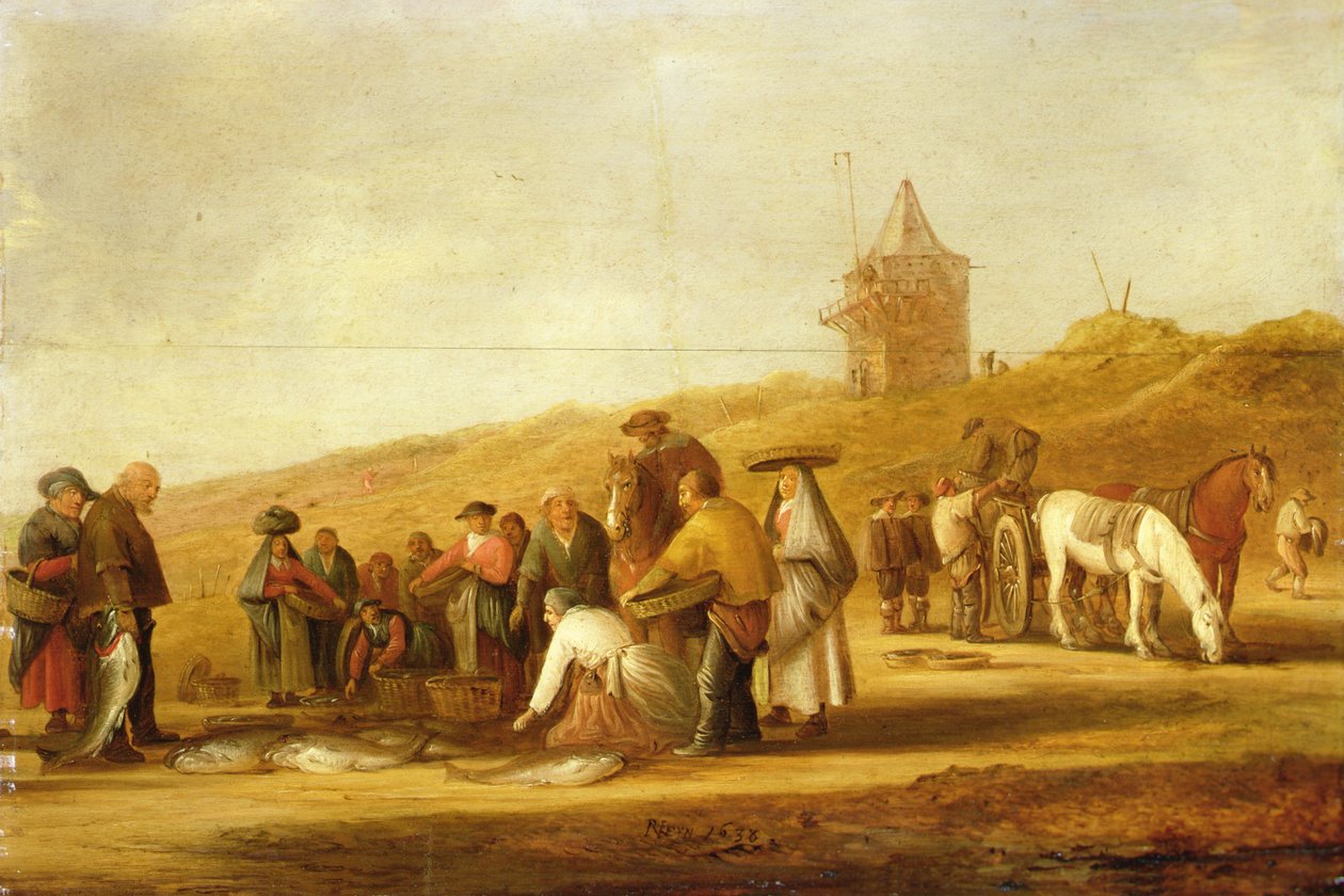 Fiskere som selger fangsten sin på stranden (olje på lerret) av Pieter de Neyn